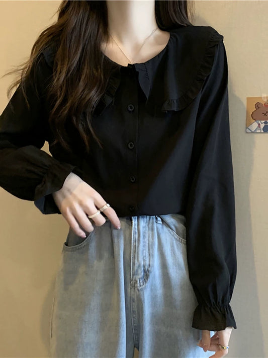 French Style Retro Top Long Sleeve Collar Shirt